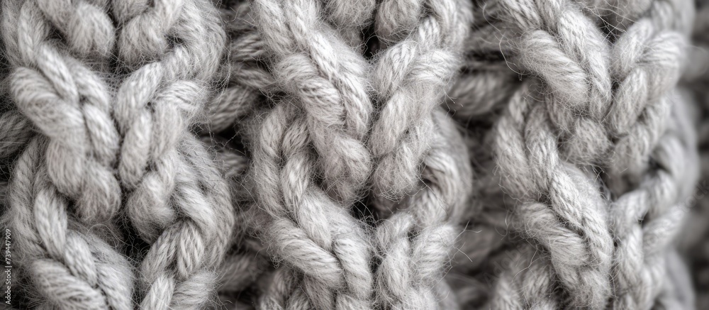 Macro shot of a textured gray yarn ball close up with detailed fiber patterns