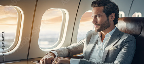 Businessman looking at window in private plane photo