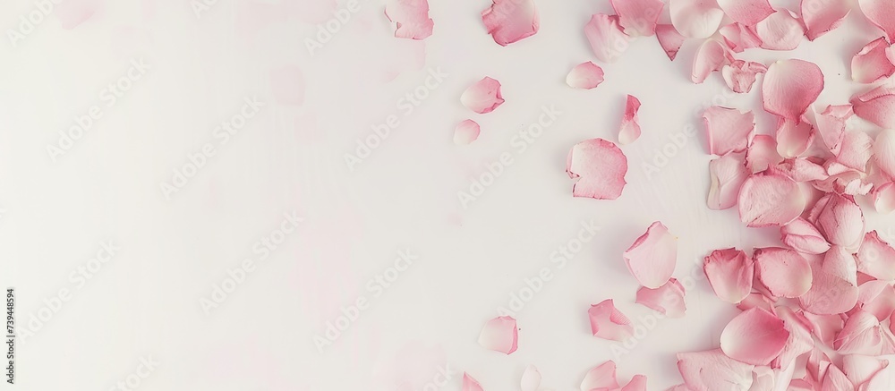 banner beautiful delicate pink rose petals on white background, with copy space. Top view