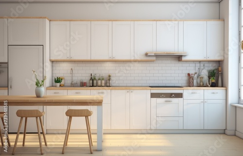 Wooden empty table top in modern kitchen, kitchen panel in interior. Scene showcase, banner
