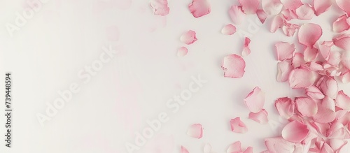 banner beautiful delicate pink rose petals on white background, with copy space. Top view