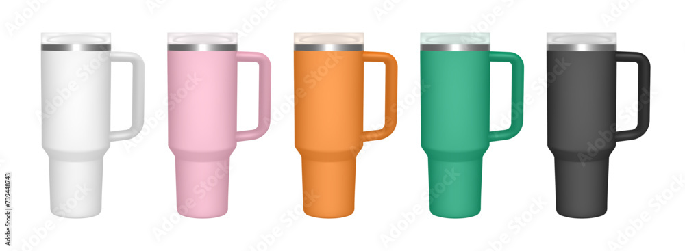 Thermo cup with handle and transparent lid. 3d mockup of a travel thermos. Set of white, pink, orange, green and black mugs. Tumbler template Thermo cup with handle and transparent lid. 3d mockup of a travel thermos. Set of white, pink, orange, green and black mugs. Tumbler template