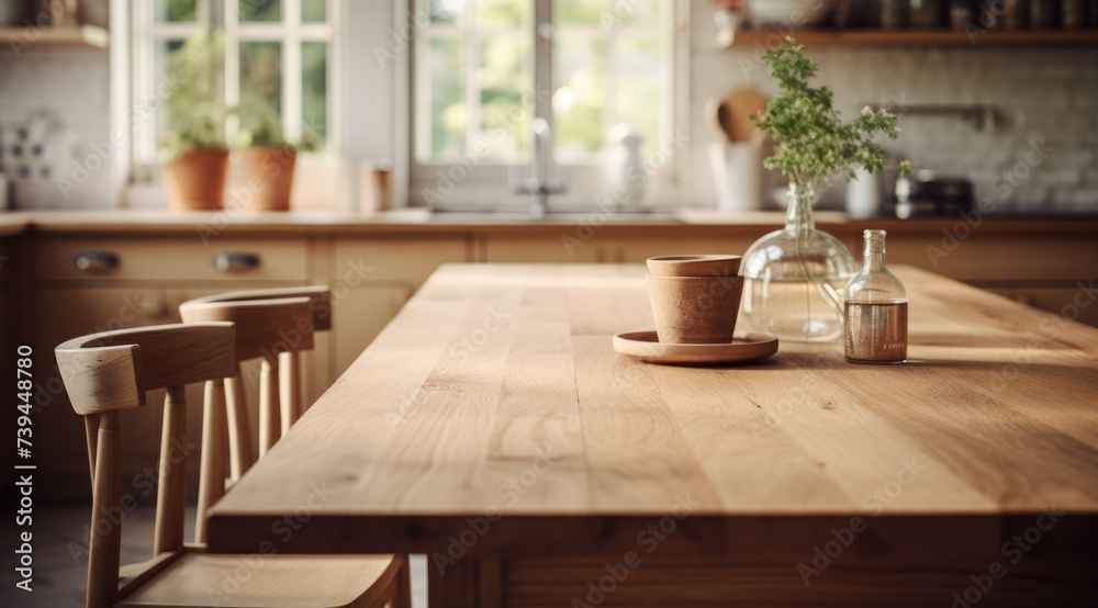 Wooden empty table top in modern kitchen, kitchen panel in interior. Scene showcase, banner