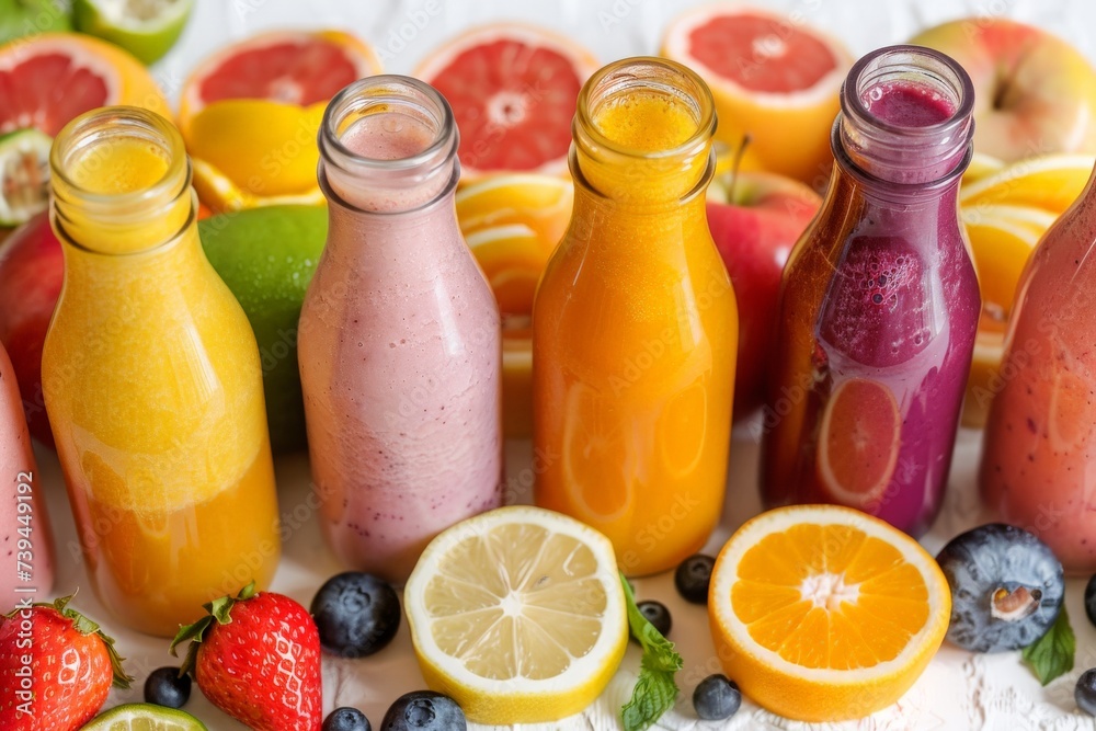 freshly squeezed citrus smoothie in colorful bottles, raw vegan drink, fruit cocktail. freshly squeezed citrus smoothie in colorful bottles, raw vegan drink, fruit cocktail.