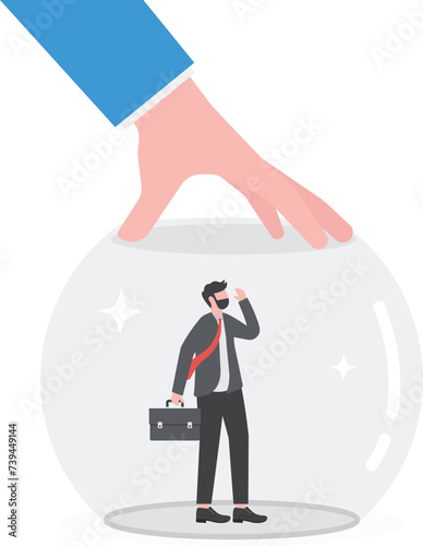 Employee or customer retention, reduce churn rate or talent management, company loyalty or CRM customer relationship management concept, businessman hold glass to retain small employees inside.

