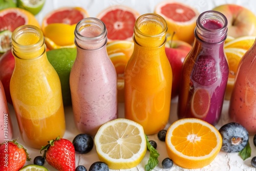 freshly squeezed citrus smoothie in colorful bottles, raw vegan drink, fruit cocktail.