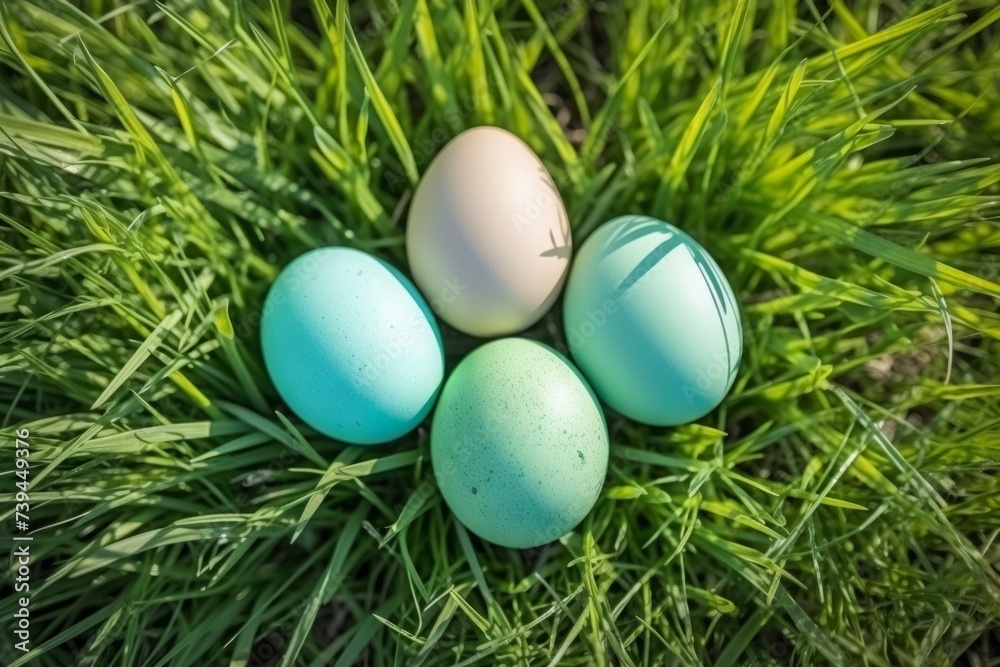 painted Easter eggs are lying on the grass, top view. Easter concept. painted Easter eggs are lying on the grass, top view. Easter concept.