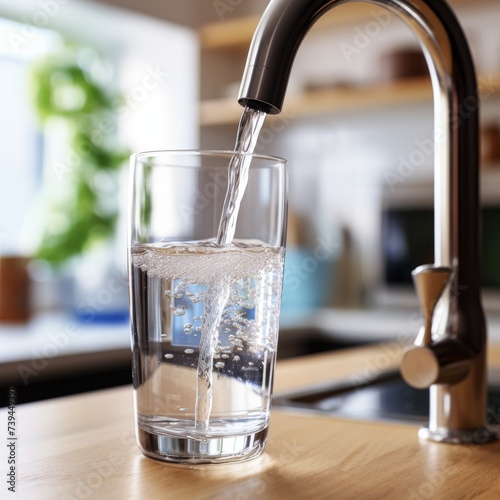 Healthy lifestyle concept with a clear glass being filled with fresh tap water in the kitchen. Pouring hydration: clean and pure drinking water flowing into a transparent glass.