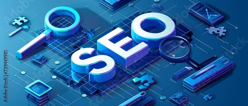an isometric illustration with the letters SEO ,illustrating the concept of Search Engine Optimization.