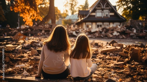 Mom and daughter look at the remains of a house destroyed by a rocket photo