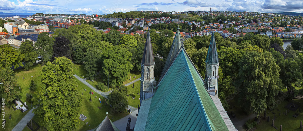 View of Trondheim from Nidaros Cathedral, Trondelag County, Norway, Europe
