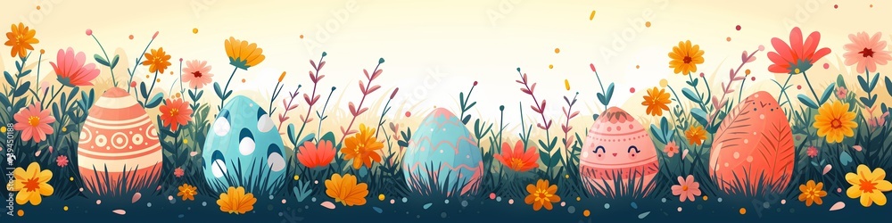 Happy Easter Banner. Illustration flat, Colorful Easter eggs on grass with flowers on a sunny spring day - Easter decoration, banner, panorama, background with copy space for text Happy Easter Banner. Illustration flat, Colorful Easter eggs on grass with flowers on a sunny spring day - Easter decoration, banner, panorama, background with copy space for text