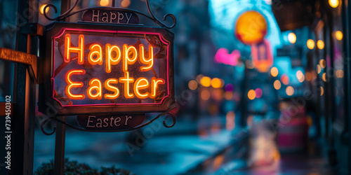 Buntes Neonschild mit der Aufschrift „Frohe Ostern“