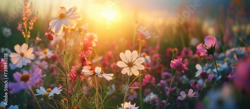 banner field with wildflowers, petals illuminated by the sun, blossom, concept spring, summer, natural background