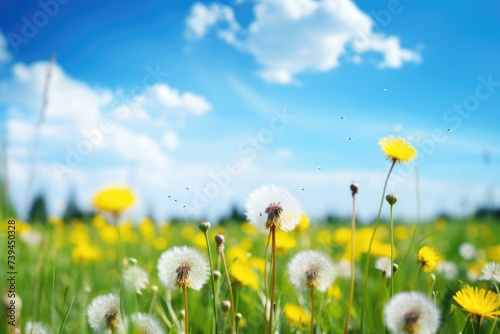 abstract colorful background of spring meadow with dandelions