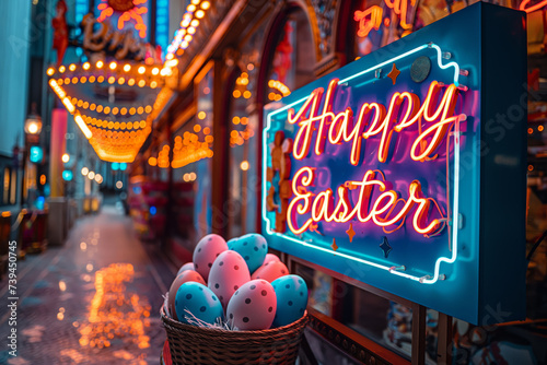 Buntes Neonschild mit der Aufschrift „Frohe Ostern“