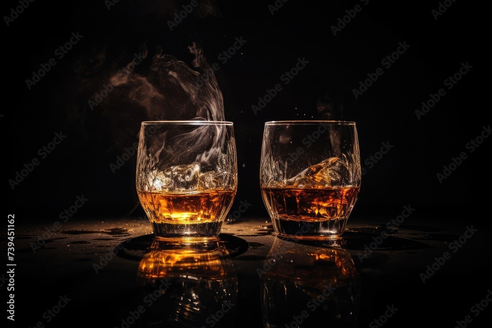 Dark and mysterious whiskey glasses in interplay of light and shadows