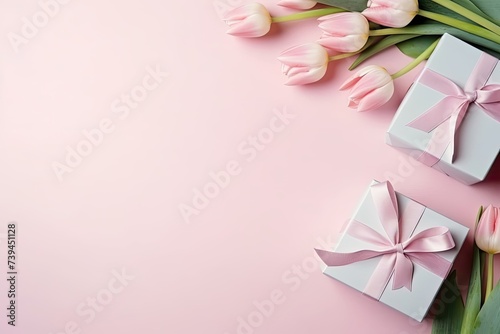 Chic women's day design with small tulips and flowers in soft pastel color palette