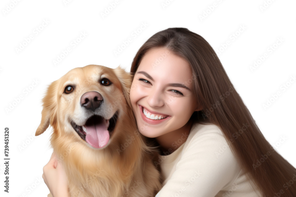 Portrait of beautiful women hugging cute dog with smile and hppiness isolated on background, lovely moment of pet and owner.