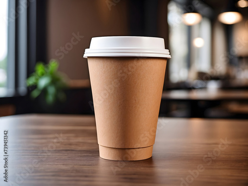 Package mockup of a brown blank paper coffee cup design  placed on a table in a caf   design.