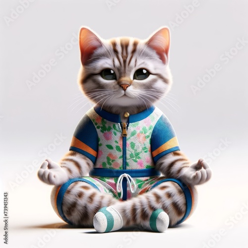 Cute Fluffy Cat Character Meditating Sitting In Lotus Pose. Realistic Adorable Domestic Cat Animal Mascot Avatar Portrait. Yoga Sport Club Advertising Flyer Or Card Template Illustration. 