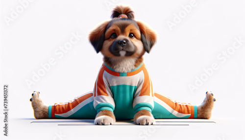 Dog Doing Stritch. Realistic Adorable Dog Pet Animal Mascot Avatar Portrait. Yoga Sport Club Advertising Flyer Or Card Template Illustration. photo