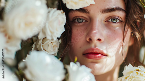 Portrait of a woman with flowers and leaves. Framed by flowers and leaves. Glamour