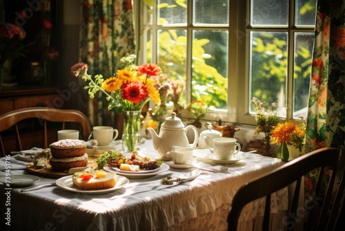 Bright light-colored dishes adorning a warm and cozy breakfast table