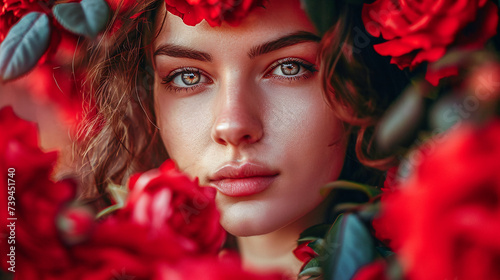 Portrait of a woman with flowers and leaves. Framed by flowers and leaves. Glamour