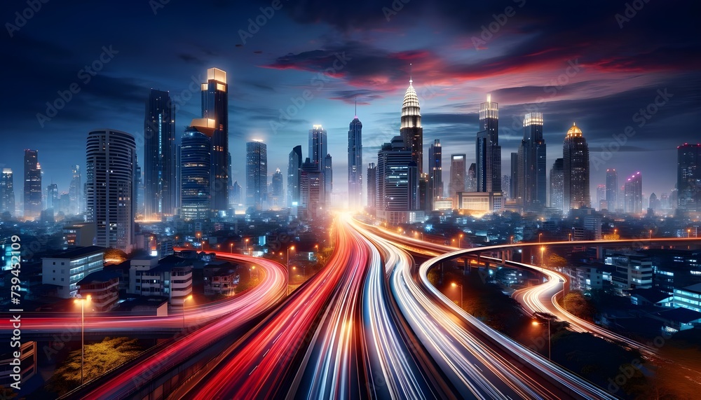 A long exposure photo of a city skyline at night, with a highway leading towards it. The highway and buildings are illuminated by countless lights, creating a vibrant and dynamic scene.