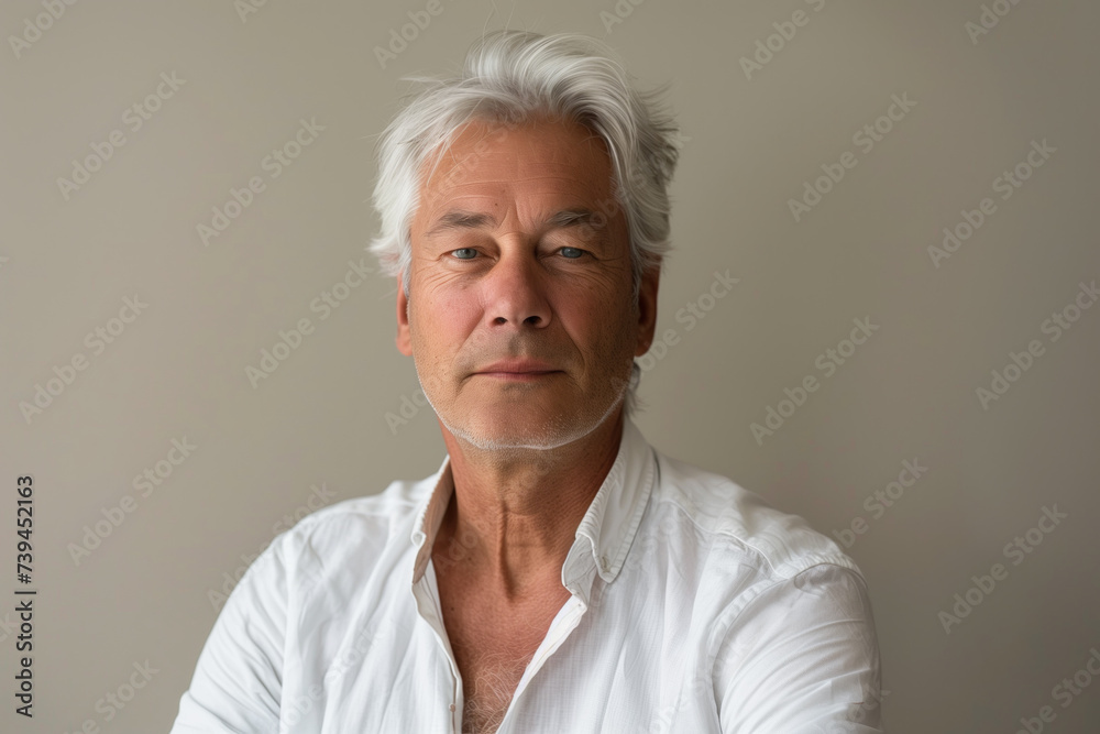 Contemplative Senior Man with White Hair in Casual White Shirt Contemplative Senior Man with White Hair in Casual White Shirt