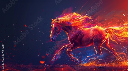 The mythical horse gallops forward. The horse is glowing. Illustration for cover, card, postcard, interior design, banner, poster, brochure or presentation.