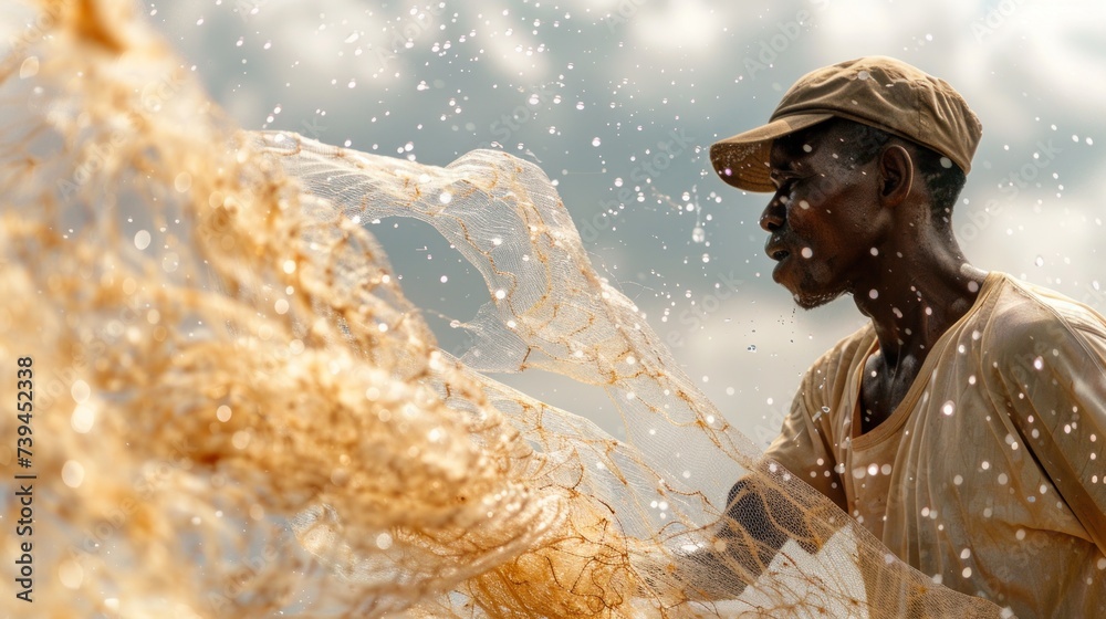 Obraz premium A man stands next to a fishing net in the water, preparing to cast it in hopes of catching fish. The scene captures the simplicity and routine of traditional fishing practices