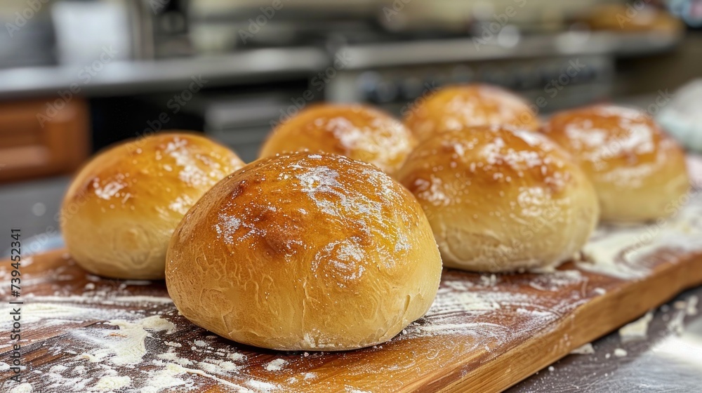 A wooden cutting board is showcased with freshly baked rolls topped with a generous amount of powdered sugar. The rolls look delicious and inviting, ready to be enjoyed