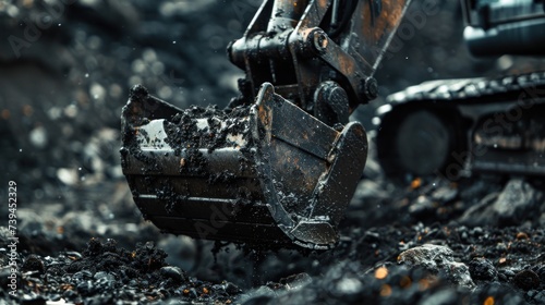 A bulldozer is shown in action, digging through a massive pile of coal with its powerful bucket. The coal is being pushed and moved around as the bulldozer clears the area