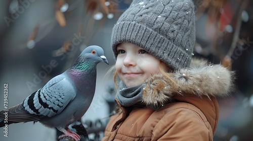 A young girl stands next to a pigeon, looking curiously at the bird in a park setting. The pigeon appears unfazed, pecking at the ground for food while the girl observes