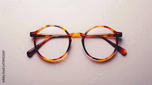 pair of glasses resting on top of a table. The glasses feature a classic design with black frames. The table is wooden with a smooth surface