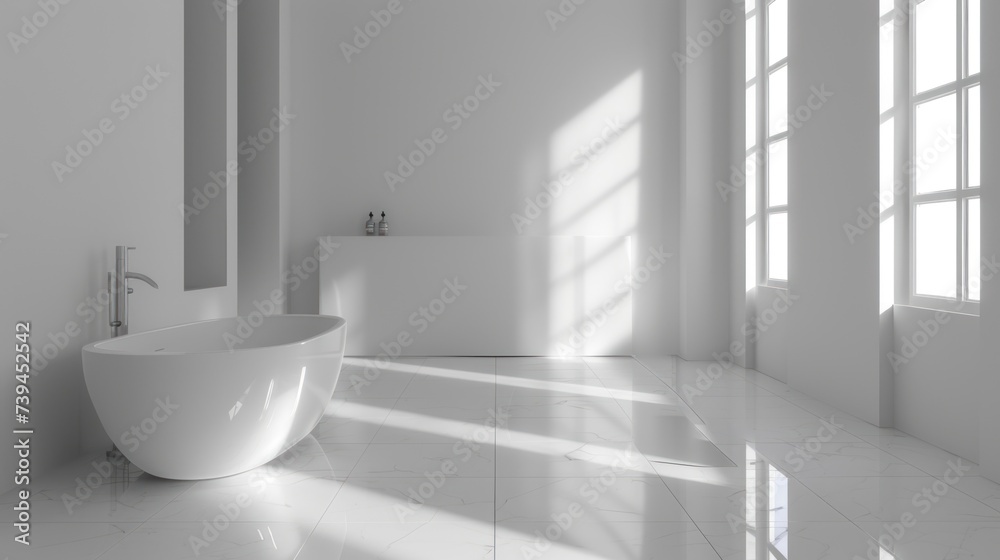 This photo showcases a white bathroom featuring a tub and a sink. The minimalist design creates a clean and modern look, with a focus on essential fixtures for daily use This photo showcases a white bathroom featuring a tub and a sink. The minimalist design creates a clean and modern look, with a focus on essential fixtures for daily use