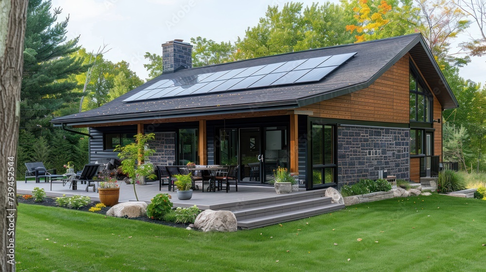 A modern residential house with a solar panel installed on the roof, harnessing sustainable energy from the sun to power the home efficiently and reduce carbon footprint