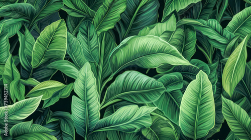 Vibrant and lush  this tropical background features an array of jungle plants  creating an exotic pattern adorned with vivid palm leaves for a captivating visual experience.