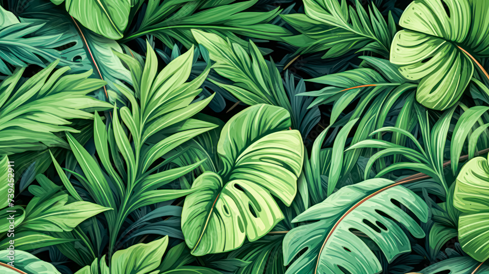 Vibrant and lush, this tropical background features an array of jungle plants, creating an exotic pattern adorned with vivid palm leaves for a captivating visual experience. Vibrant and lush, this tropical background features an array of jungle plants, creating an exotic pattern adorned with vivid palm leaves for a captivating visual experience.