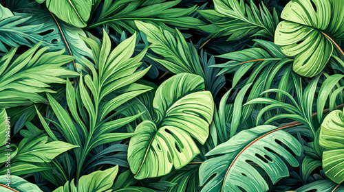 Vibrant and lush, this tropical background features an array of jungle plants, creating an exotic pattern adorned with vivid palm leaves for a captivating visual experience.