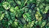 Vibrant and lush, this tropical background features an array of jungle plants, creating an exotic pattern adorned with vivid palm leaves for a captivating visual experience.