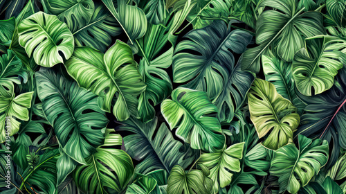 Vibrant and lush, this tropical background features an array of jungle plants, creating an exotic pattern adorned with vivid palm leaves for a captivating visual experience.