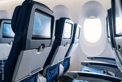 Interior of aircraft with rows of empty seats with information displays near window, Airplane cabin, Passenger seating arrangement