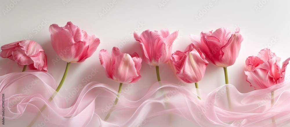 Beautiful bunch of pink tulips blooming in a serene white background