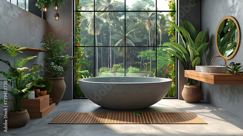 A modern bathroom. Freestanding bathtub interior design. Created with generative AI.