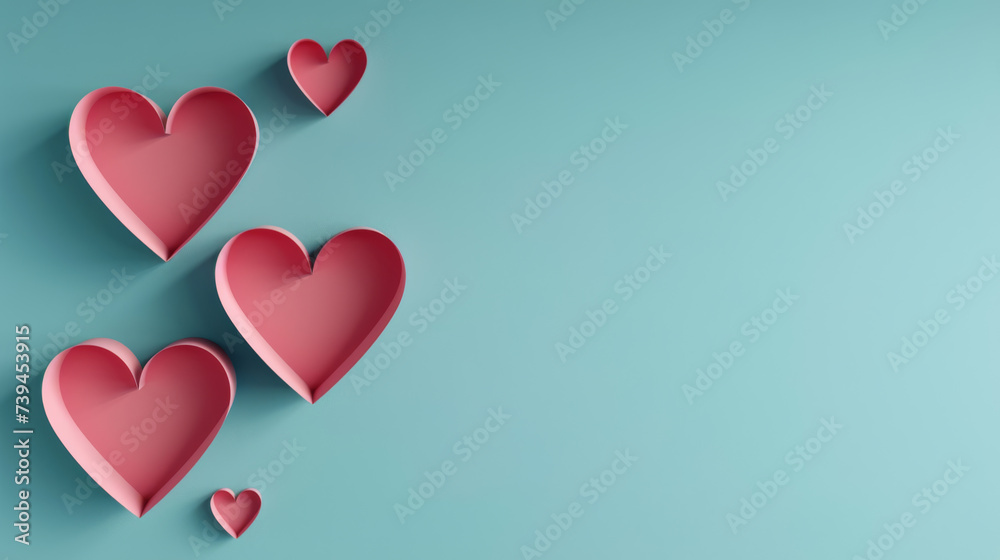 series of red paper hearts in different shades, arranged in a diagonal line on a solid light blue background.