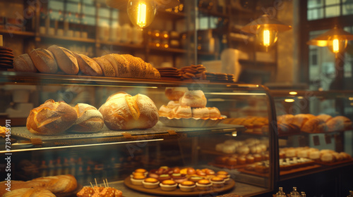 warm ambiance of a bakery, showcasing an assortment of freshly baked bread on wooden shelves behind a glass display.