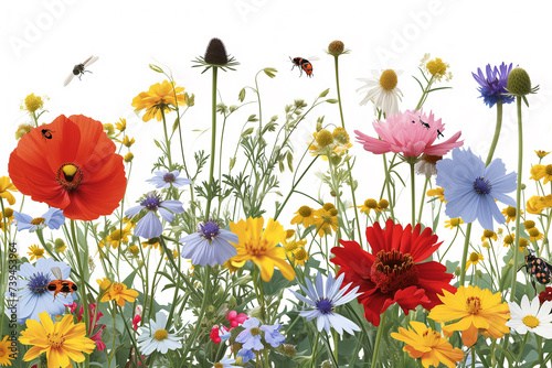 Colorful meadow and garden flowers with insects, isolated © Olivia
